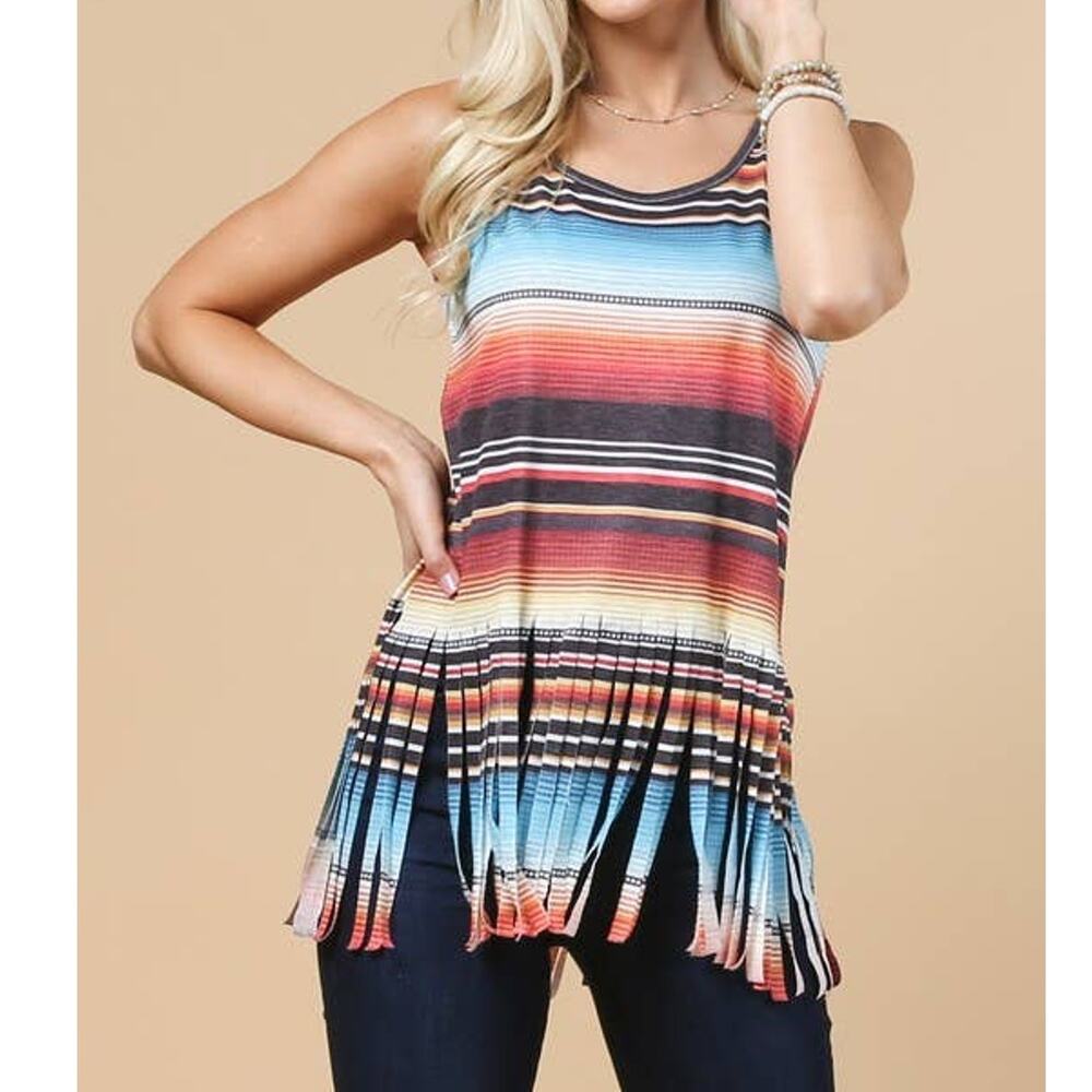 Sasha Serape Print Sleeveless Fringe Knit Top | Multi